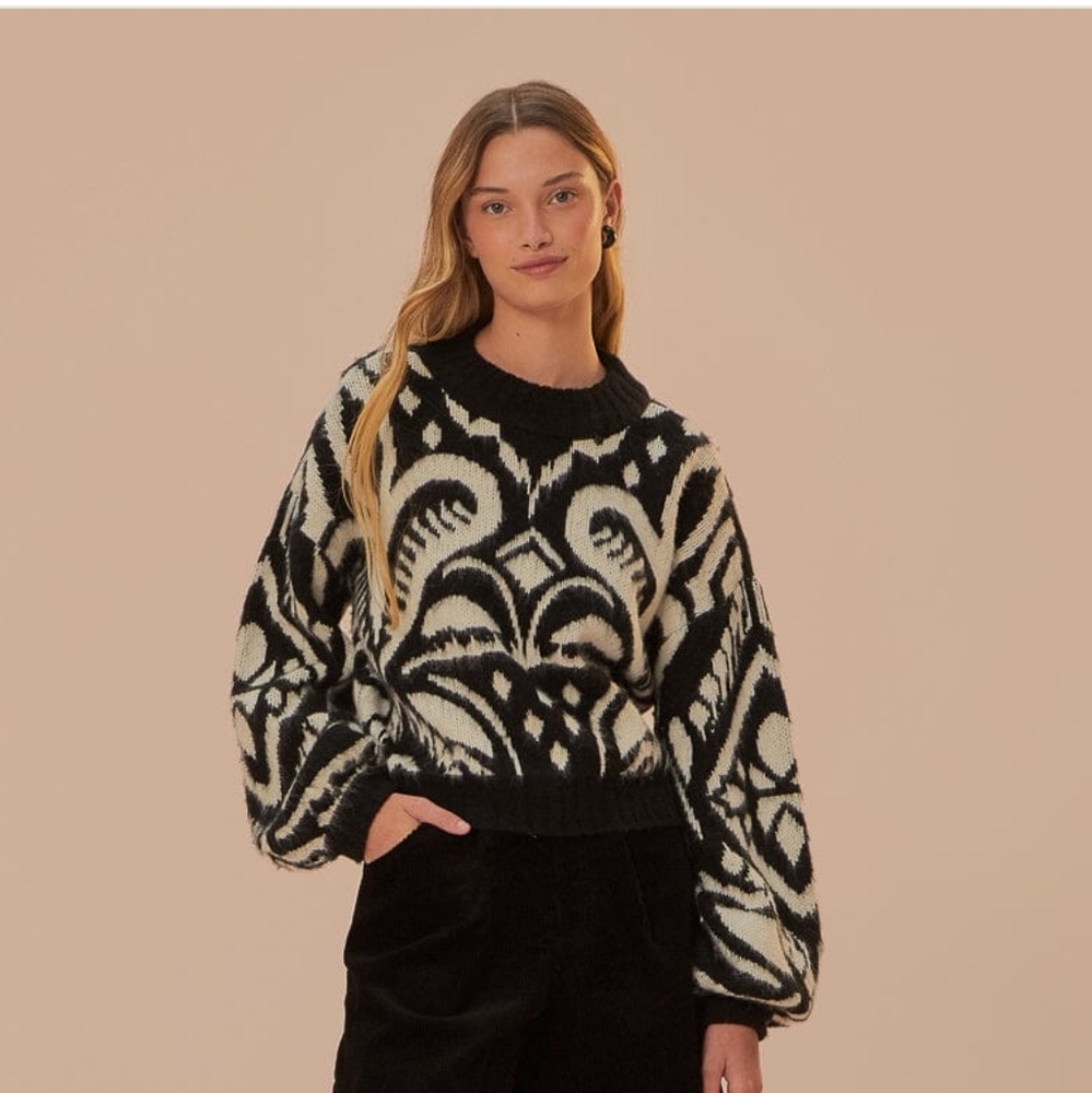 FARM Rio Black and Cream Jacquard Balloon-Sleeve Sweater